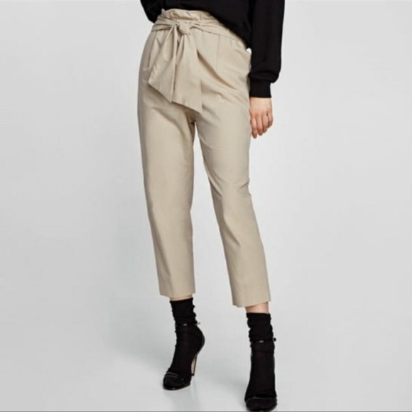Zara Khaki Paper Bag Waist Tie Pants Size XS - Picture 2 of 9